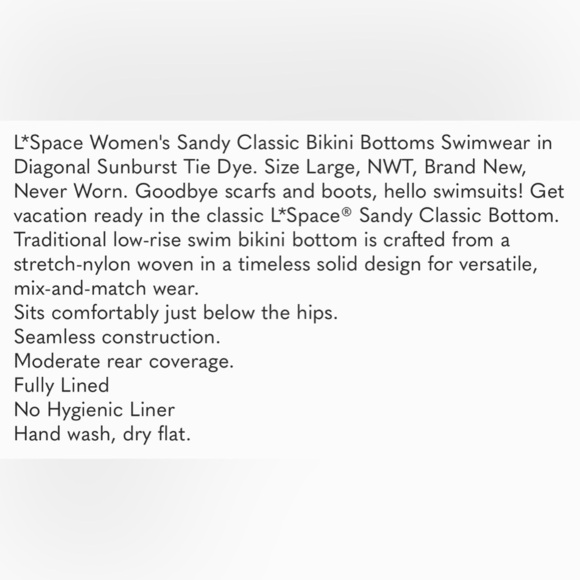 L*Space Sandy Bikini Bottom Classic, Diagonal Sunburst Tie Dye, X Large, NWT - Picture 7 of 8